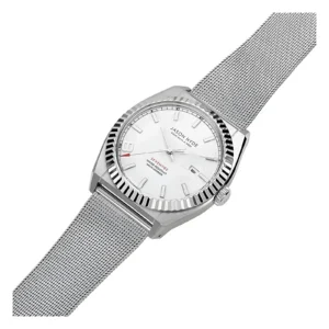 Klocka med silverarmband i mesh från Jason Hyde, med en elegant vit urtavla, tydliga timmarkörer och en iögonfallande räfflad boett. Stilren och modern design.