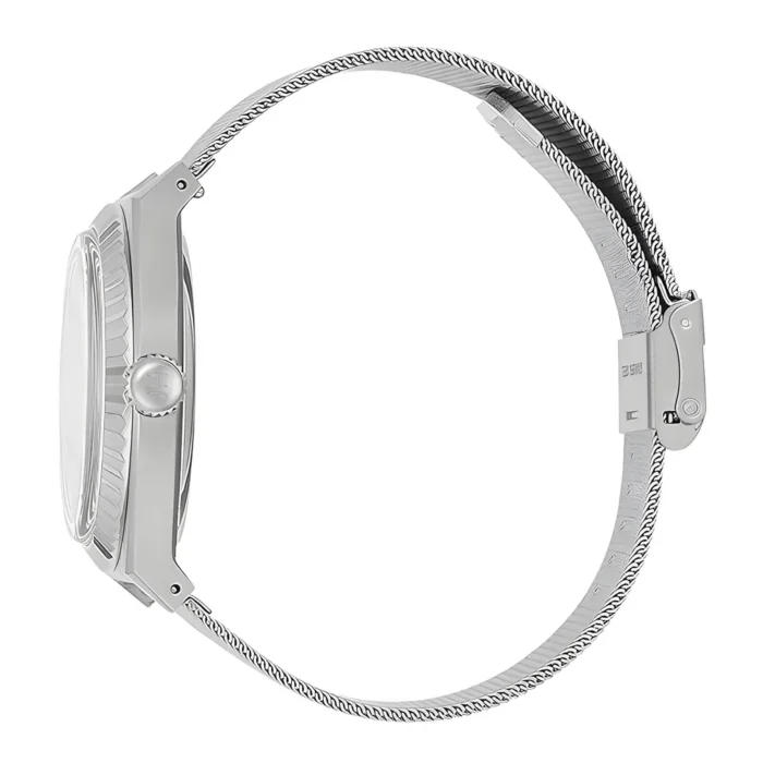 JASON HYDE JHW-JH30003-3 Sidovy av en elegant silverklocka med texturerad boett och flätad armbandslåsning, som visar modern elegans.