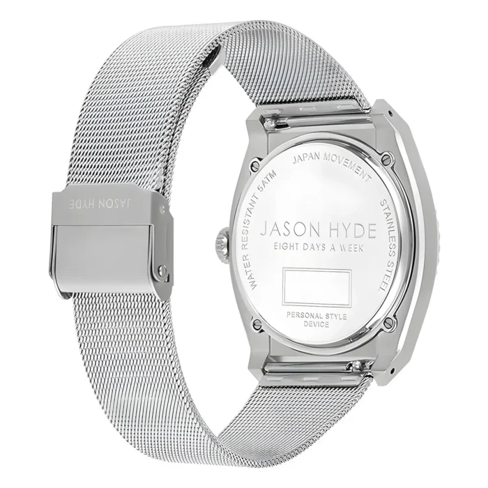 JASON HYDE JHW-JH30003-4 Klocka med silverarmband i mesh och elegant boett i rostfritt stål, med “Jason Hyde Eight Days a Week” ingraverat på baksidan.
