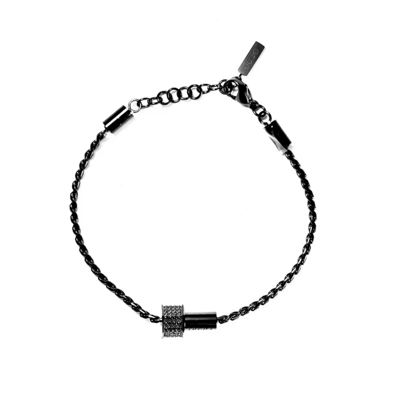 A stylish black chain bracelet featuring twisted links and polished accents, adorned with a sparkling rhinestone centerpiece.