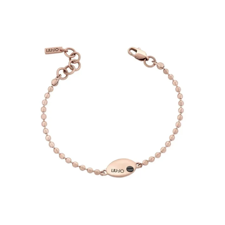 A delicate rose gold bracelet featuring a beaded chain and an oval clasp with the Liu Jo logo, showcasing elegant simplicity.