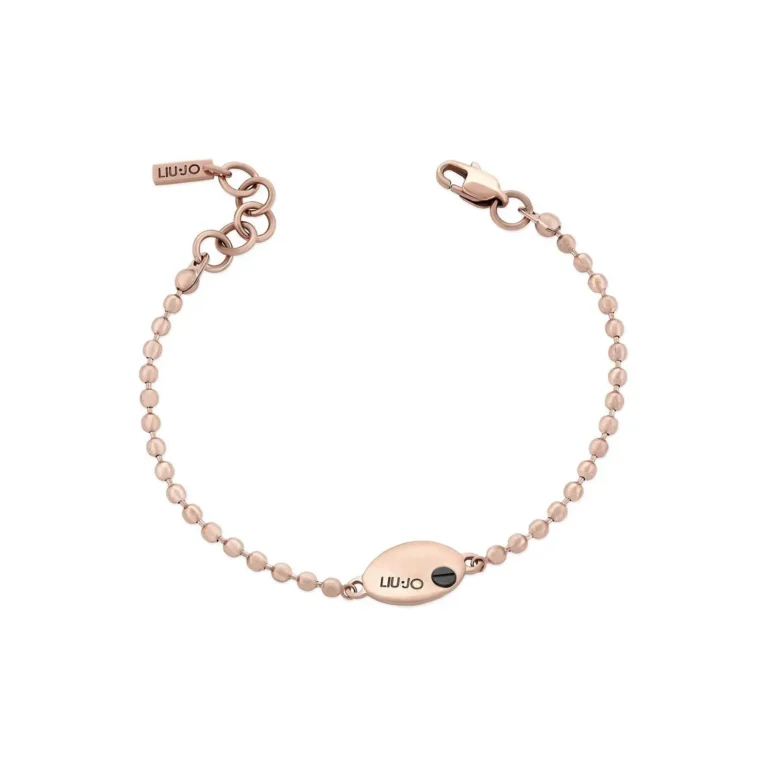 A delicate rose gold bracelet featuring a beaded chain and an oval clasp with the Liu Jo logo, showcasing elegant simplicity.