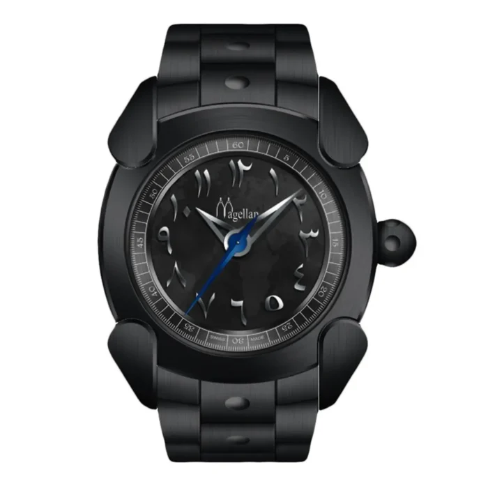 Sleek black Magellan watch featuring an intricate dial with silver and blue accents, showcasing a modern and stylish design