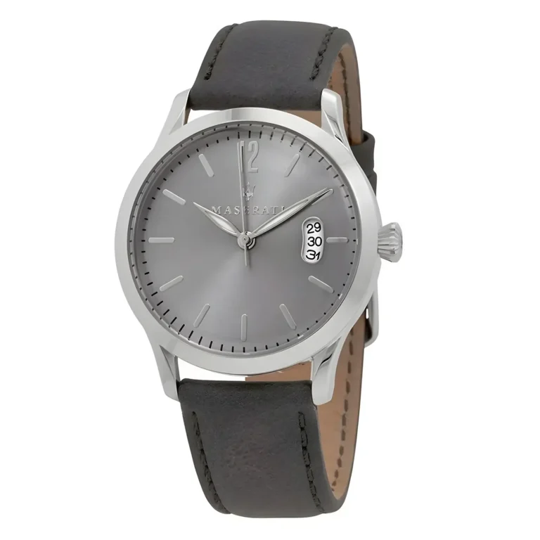 Silver Maserati watch with a sleek gray dial, date display, and black leather strap, showcasing elegant design and craftsmanship.