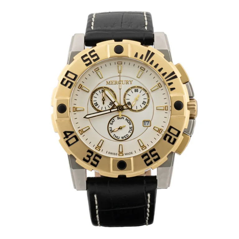 Auksinis ir sidabrinis „Mercury“ laikrodis su baltu ciferblatu, juodu odiniu dirželiu ir keliais dienos, datos ir laiko ciferblatais.