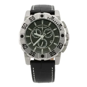 Men's Mercury watch featuring a round silver stainless steel case, green dial, and black leather strap with white stitching.