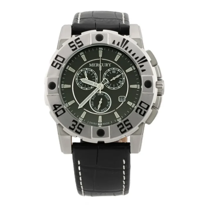 ME10225-SL-2 Miesten Mercury-kello, jossa pyöreä hopeinen ruostumattomasta teräksestä valmistettu kotelo, vihreä kellotaulu ja musta nahkaranneke valkoisilla tikkauksilla.