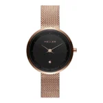 MELLER W5RN-2ROSE Tyylikäs Meller-kello mustalla kellotaululla, ruusukultaisilla yksityiskohdilla ja verkkorannekkeella, joka ilmentää modernia eleganssia ja tyyliä.