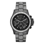 MICHAEL KORS MK5829 Stylish Michael Kors black watch featuring a sparkling crystal bezel, three sub-dials, and a silver accent bracelet.
