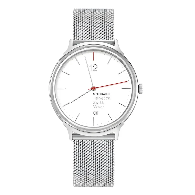 A sleek Mondaine Helvetica watch with a silver mesh strap, featuring a white dial, bold numbers, and a red second hand.
