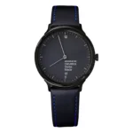 A minimalist Mondaine Helvetica Swiss Made watch with a black face, blue accents, and a sleek leather strap.
