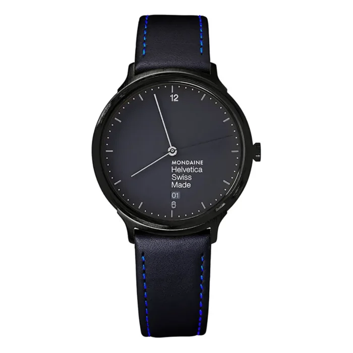 A minimalist Mondaine Helvetica Swiss Made watch with a black face, blue accents, and a sleek leather strap.