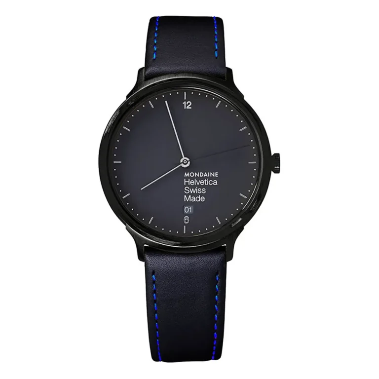 A minimalist Mondaine Helvetica Swiss Made watch with a black face, blue accents, and a sleek leather strap.