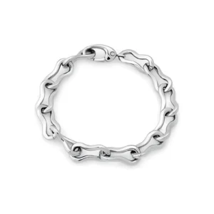 A polished silver chain bracelet featuring wavy links and a secure clasp, showcasing a modern and elegant design.