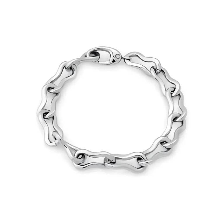 A shiny silver bracelet featuring wavy links with a secure clasp, elegantly designed for a modern look.