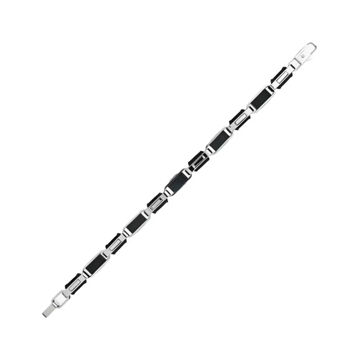 Sidabro ir tamsiai mėlynos spalvos apyrankė su elegantiškais raštais ir saugiu užsegimu, puikiai tinkanti tiek kasdieniam, tiek oficialiam dėvėjimui.