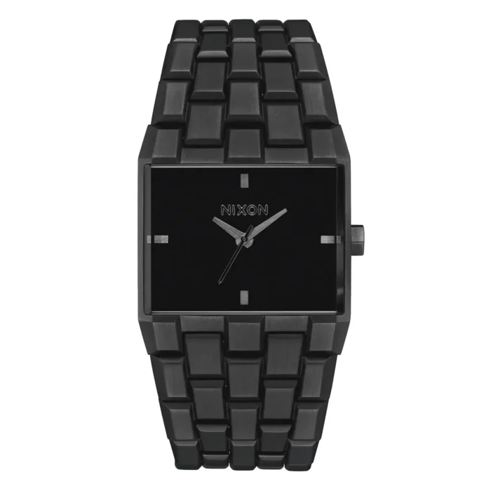 NIXON A1262 A sleek black Nixon watch with a rectangular face, silver hands, and a chunky link metal band, offering a modern, stylish look.