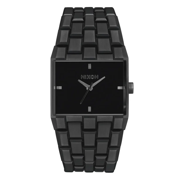 A sleek black Nixon watch with a rectangular face, silver hands, and a chunky link metal band, offering a modern, stylish look.