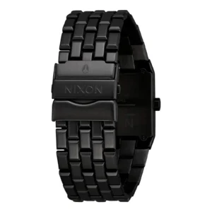 Stylish Nixon watch with a sleek black metal band, featuring a rectangular case and engraved clasp, perfect for modern design lovers.