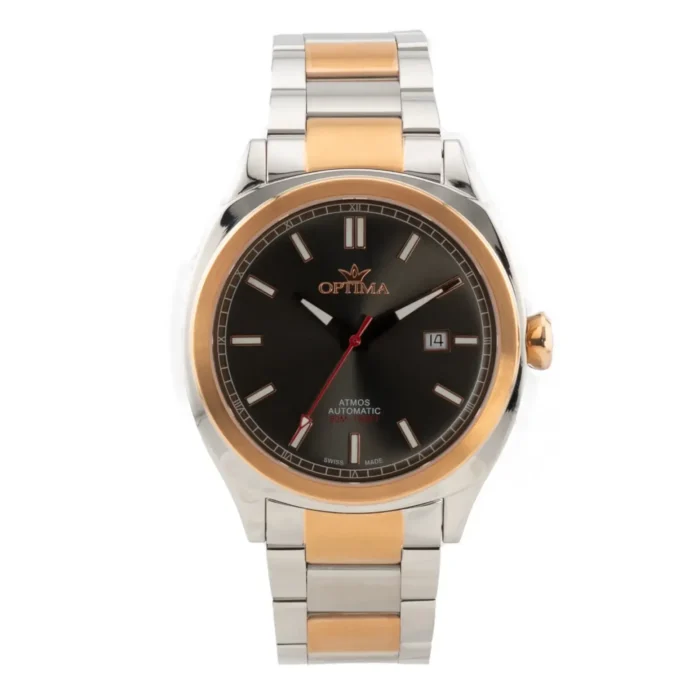 OPTIMA OSA449-SR-4-new Miesten Optima Atmos automaattikello, jossa musta kellotaulu, hopea- ja kultasävyinen ruostumattomasta teräksestä valmistettu ranneke ja päivämäärätoiminto.