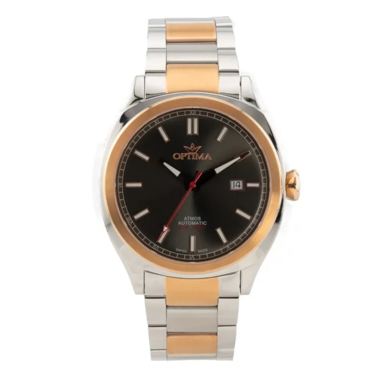 Men's Optima Atmos automatic watch featuring a black dial, silver and gold-tone stainless steel bracelet, and date function.