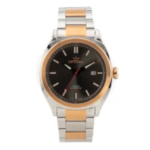 Vyriškas automatinis laikrodis „Optima Atmos“ su juodu ciferblatu, sidabro ir aukso spalvos nerūdijančio plieno apyranke ir datos funkcija.