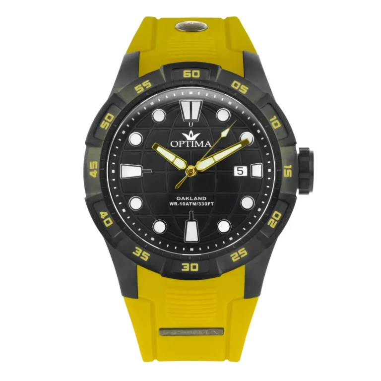 A sporty black watch with yellow accents, featuring a textured dial, luminous hands, and a rubber strap, marked for water resistance