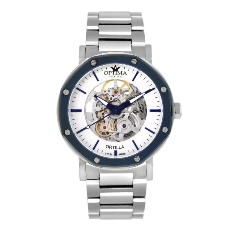 A sleek silver watch with a skeleton design, featuring a blue bezel and silver link strap. The dial showcases intricate gears and hands.