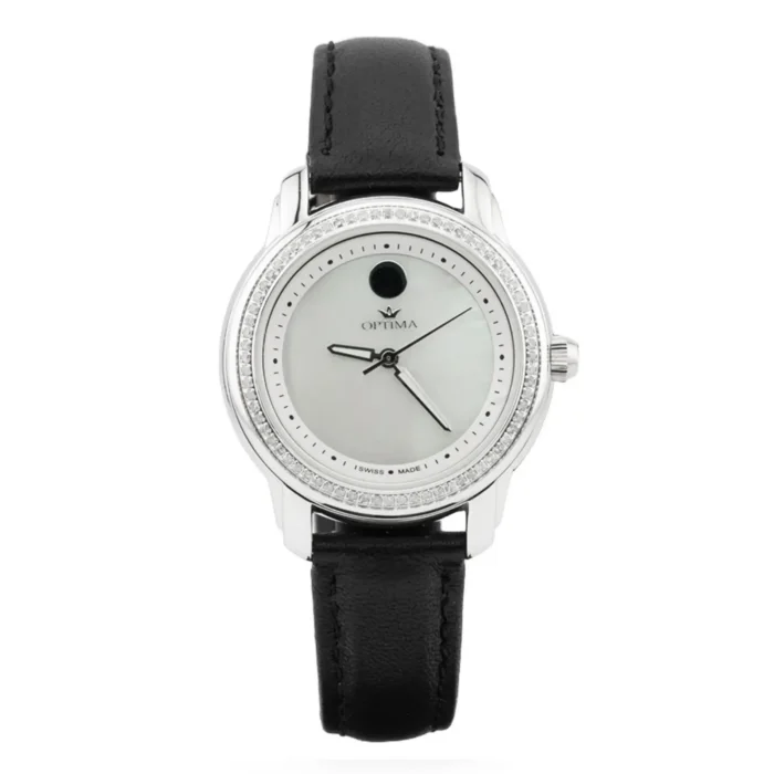OSL348-SL-D-7 Elegant silver watch with a black leather strap and a mother-of-pearl dial, adorned with a sparkling bezel and sleek hands.