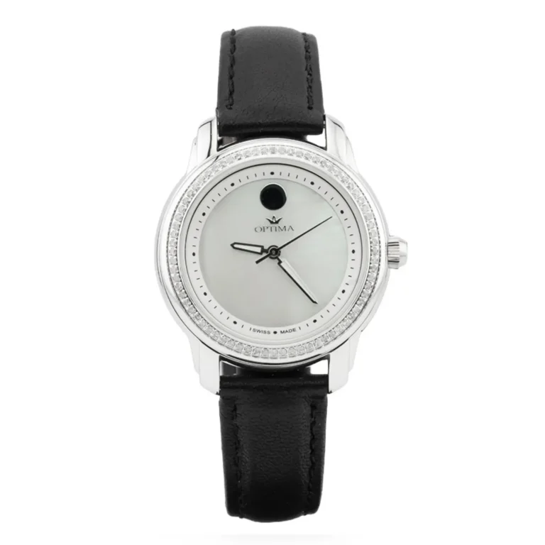 Elegant silver watch with a black leather strap and a mother-of-pearl dial, adorned with a sparkling bezel and sleek hands.