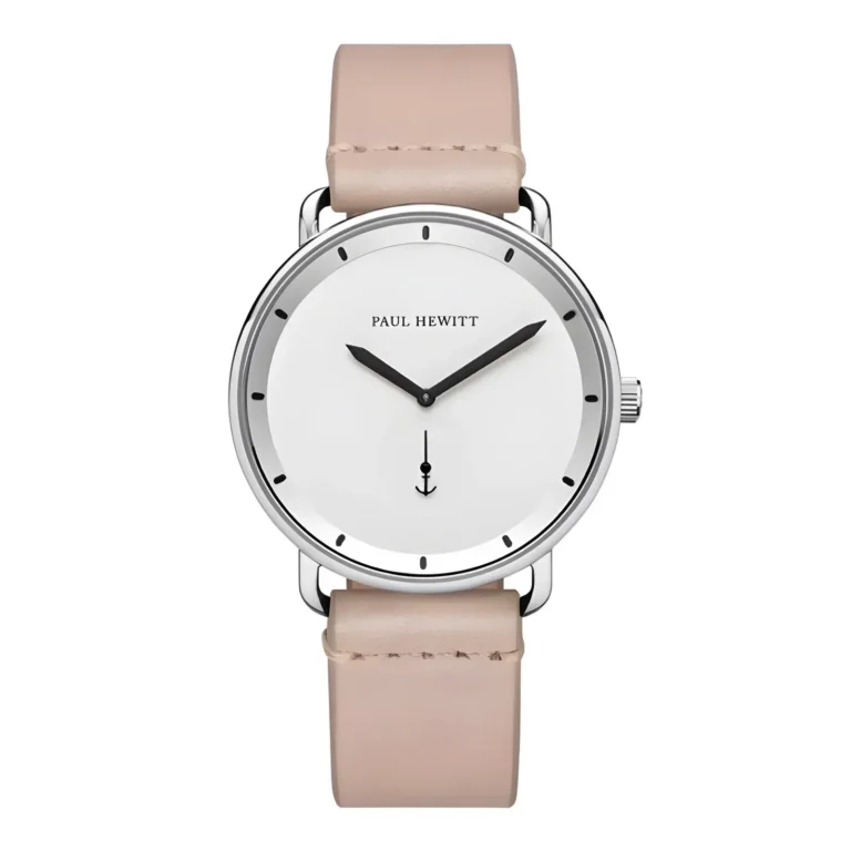 Minimalist silver watch with a white face, black hands, and an anchor symbol, featuring a soft beige leather strap.