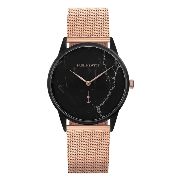 Elegant black marble watch with rose gold accents and a mesh strap, featuring a minimalist design by Paul Hewitt.