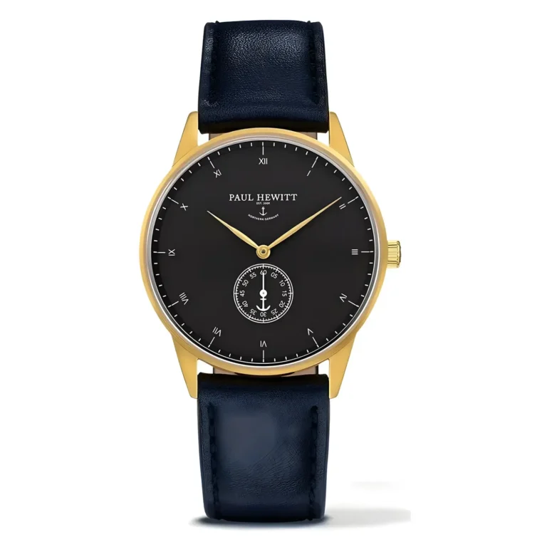 Elegant Paul Hewitt watch featuring a sleek black dial, gold accents, and a navy leather strap. Simple yet sophisticated design.