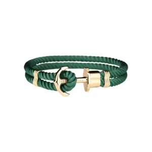 A stylish green rope bracelet featuring a gold anchor clasp and a sleek design, ideal for casual or nautical-themed outfits.