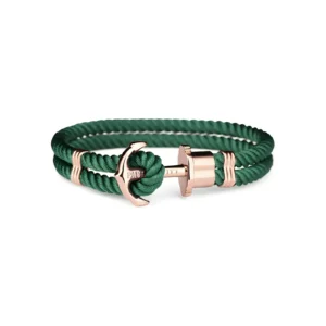 A stylish green rope bracelet featuring a sleek rose gold anchor clasp and a polished end cap, combining elegance and nautical flair.