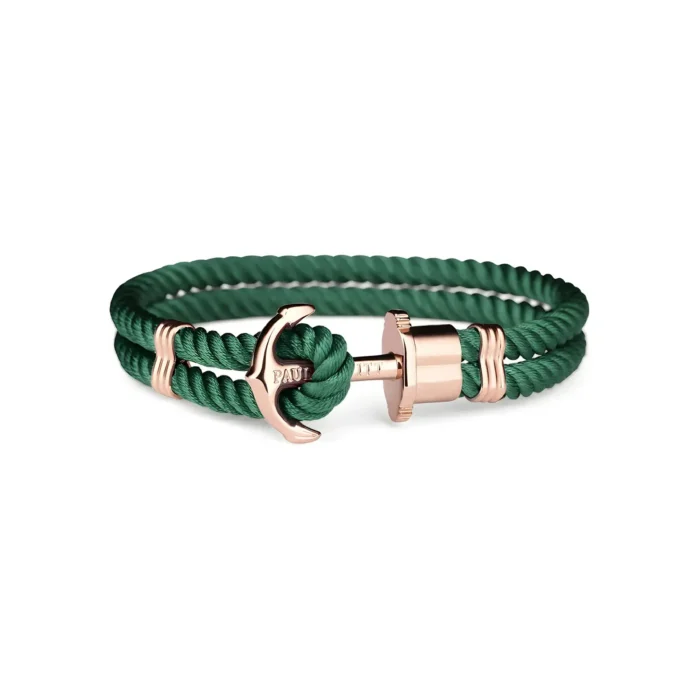 A stylish green rope bracelet featuring a sleek rose gold anchor clasp and a polished end cap, combining elegance and nautical flair.