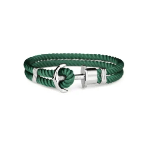 Green rope bracelet with a silver anchor clasp and metal accents, elegantly designed for a stylish and nautical look.