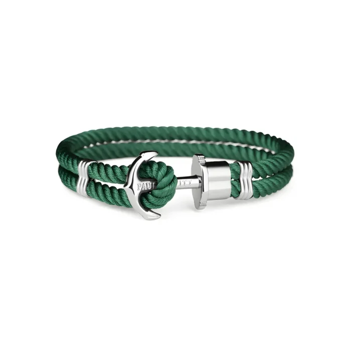 Green rope bracelet with a silver anchor clasp and metal accents, elegantly designed for a stylish and nautical look.