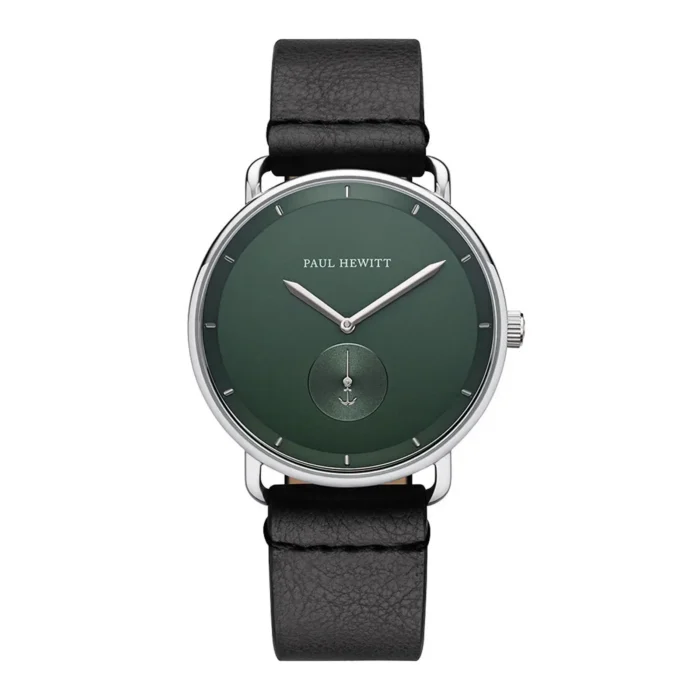 Green dial watch by Paul Hewitt with silver hands and a black leather strap, featuring a subtle anchor symbol at the 6 o'clock position.