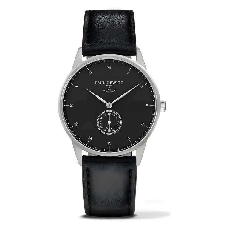 Elegant black Paul Hewitt watch with silver accents, featuring a minimalist design and leather strap.