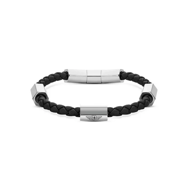 Black braided leather bracelet with silver geometric beads and a small winged emblem. Stylish and contemporary accessory.