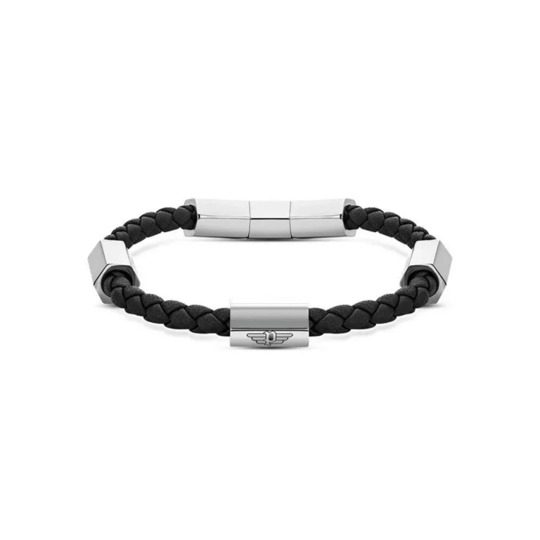Black braided leather bracelet with silver geometric beads and a small winged emblem. Stylish and contemporary accessory.