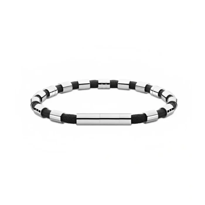 POLICE PEAGB2211511 Stylish bracelet featuring alternating silver metal and black cord segments, creating a modern and sleek design.