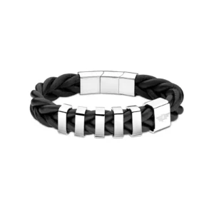 A black braided leather bracelet accented with shiny silver square links, combining modern style and rugged elegance.