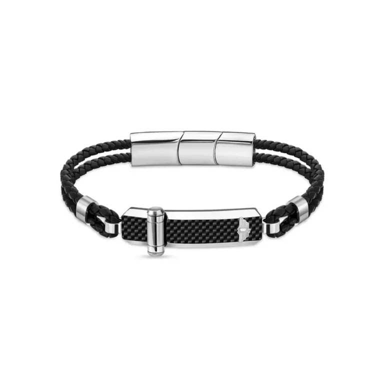 A stylish black braided bracelet with metallic accents and a carbon fiber centerpiece, featuring a secure clasp design.