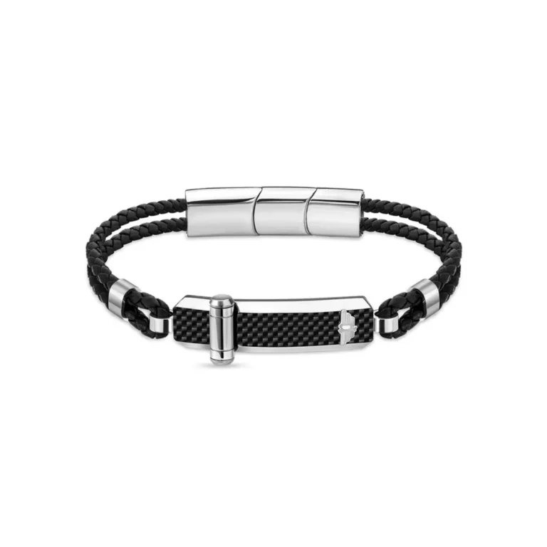 A stylish black braided bracelet with metallic accents and a carbon fiber centerpiece, featuring a secure clasp design.