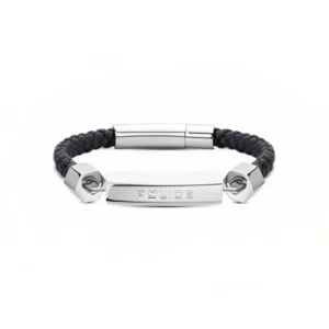 Black braided leather bracelet with a silver metal clasp and an engraved bar featuring the word "POLICE."