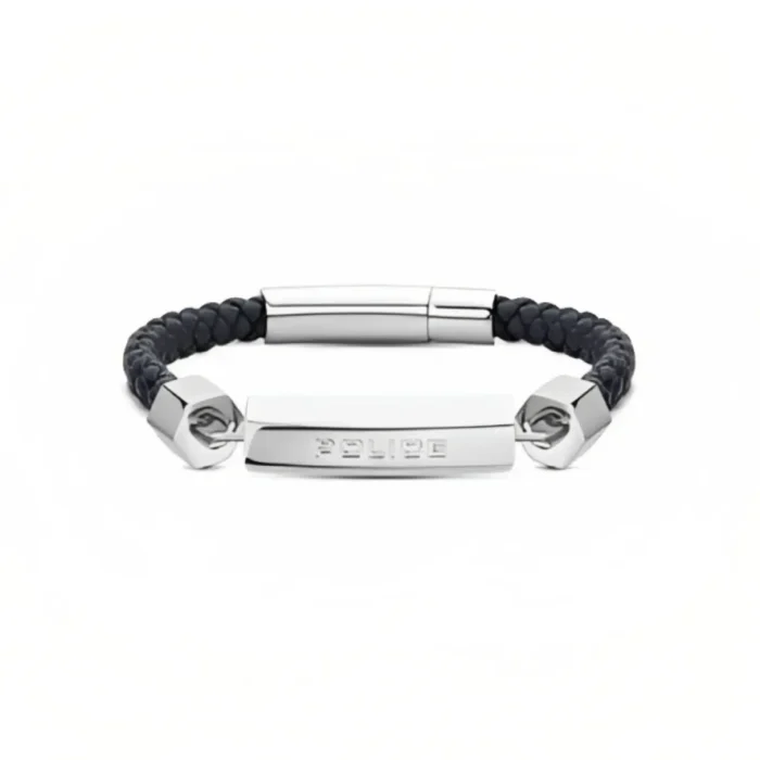 POLICE PEAGB2214924 Black braided leather bracelet with a silver metal clasp and an engraved bar featuring the word "POLICE."