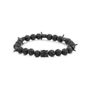 Black lava stone bracelet with adjustable design, featuring round beads and a central metal accent, exuding a rugged, stylish look.