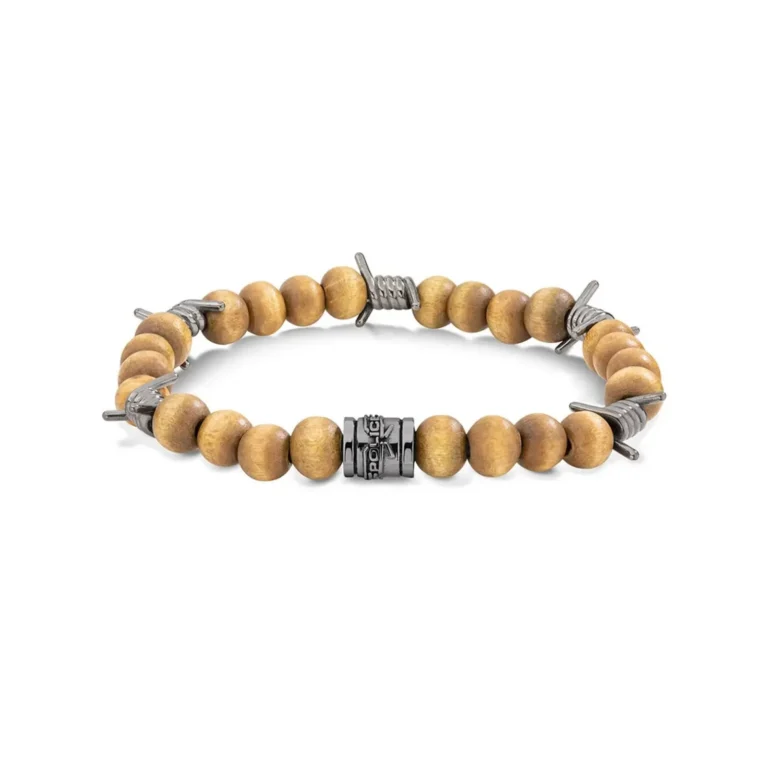 A stylish bracelet featuring wooden beads, metal accents, and a central decorative piece, exuding a modern, earthy charm.